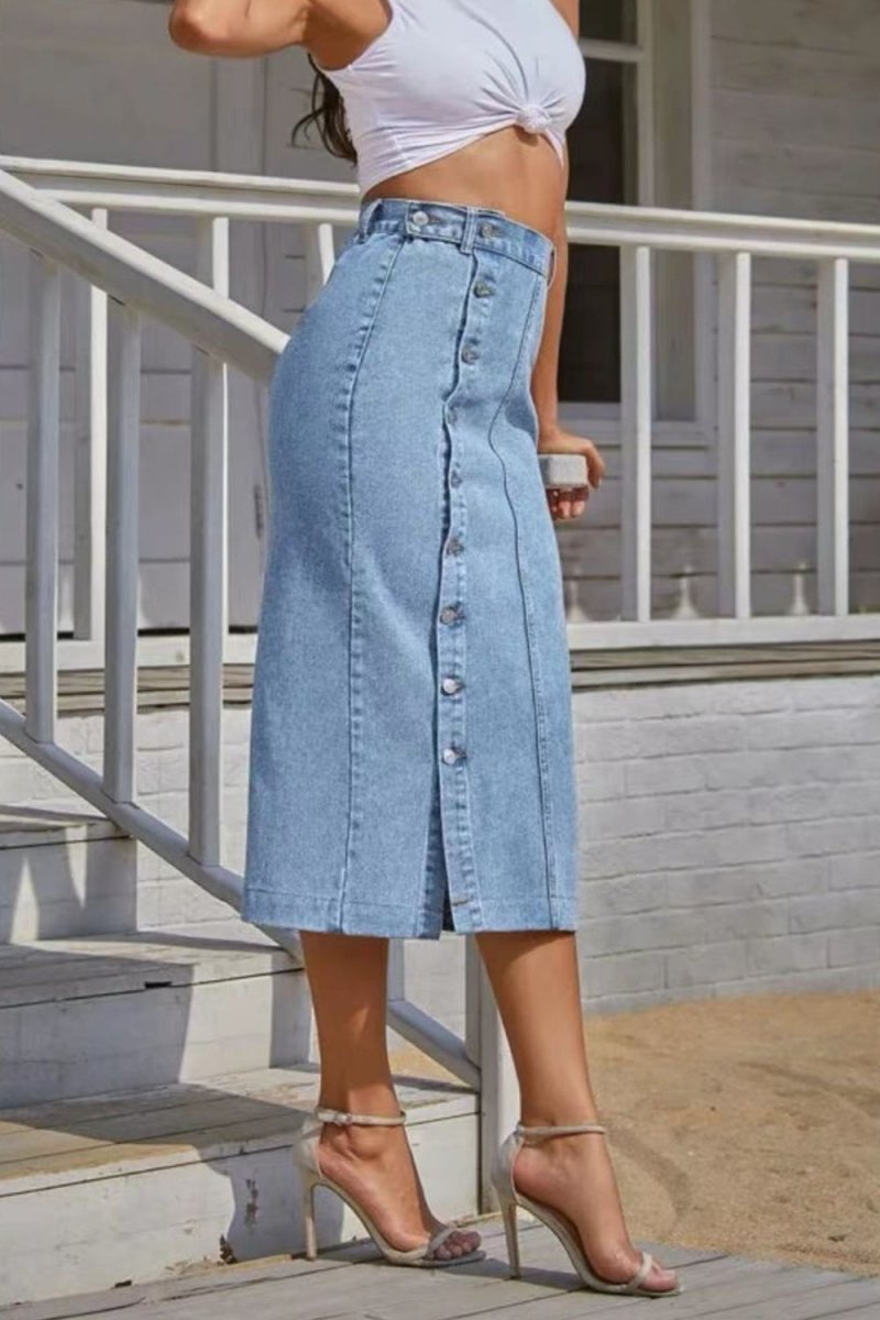 Buttoned Split Denim Skirt - Bottoms