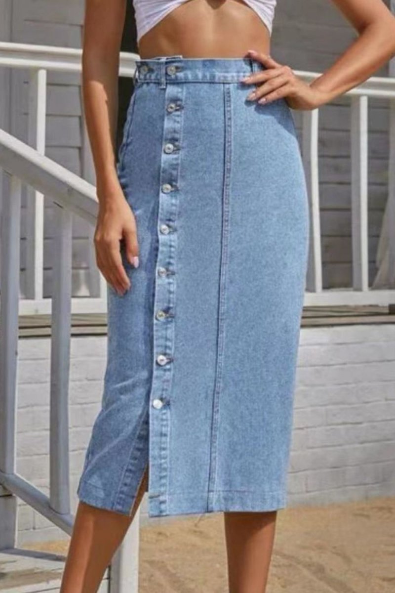 Buttoned Split Denim Skirt - Bottoms