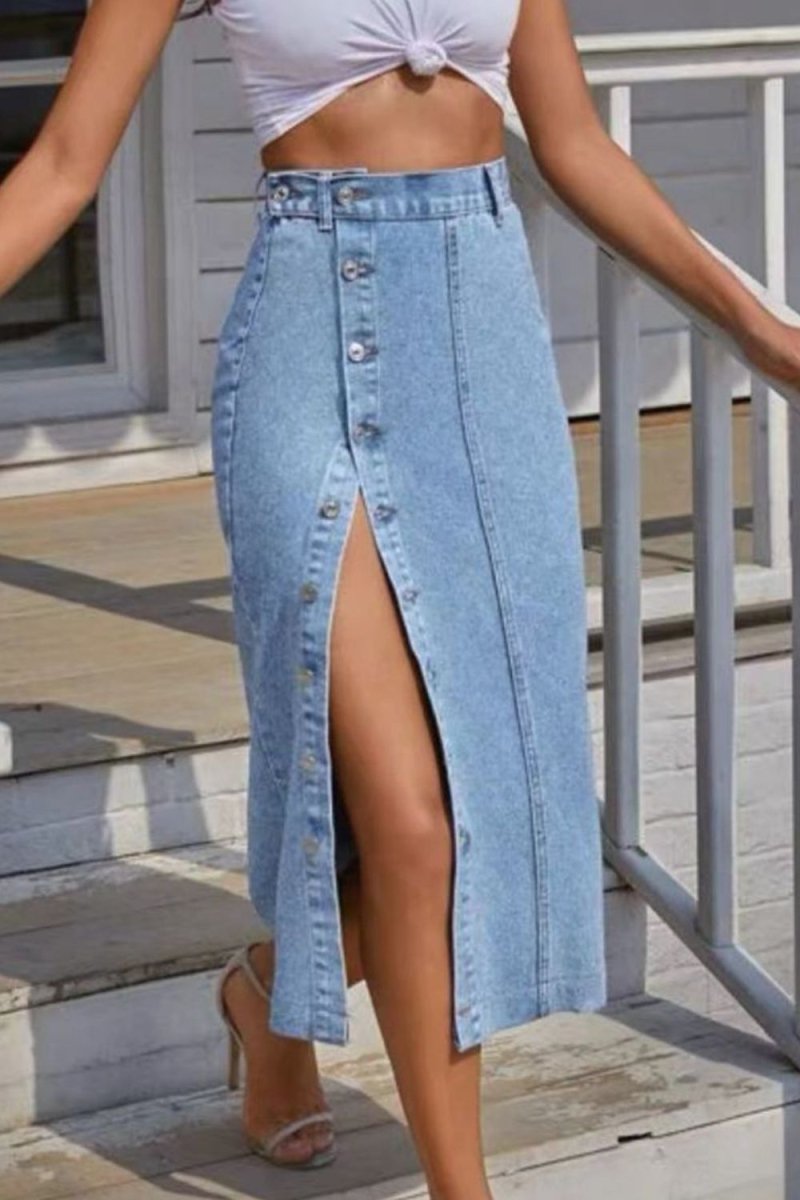 Buttoned Split Denim Skirt - Bottoms