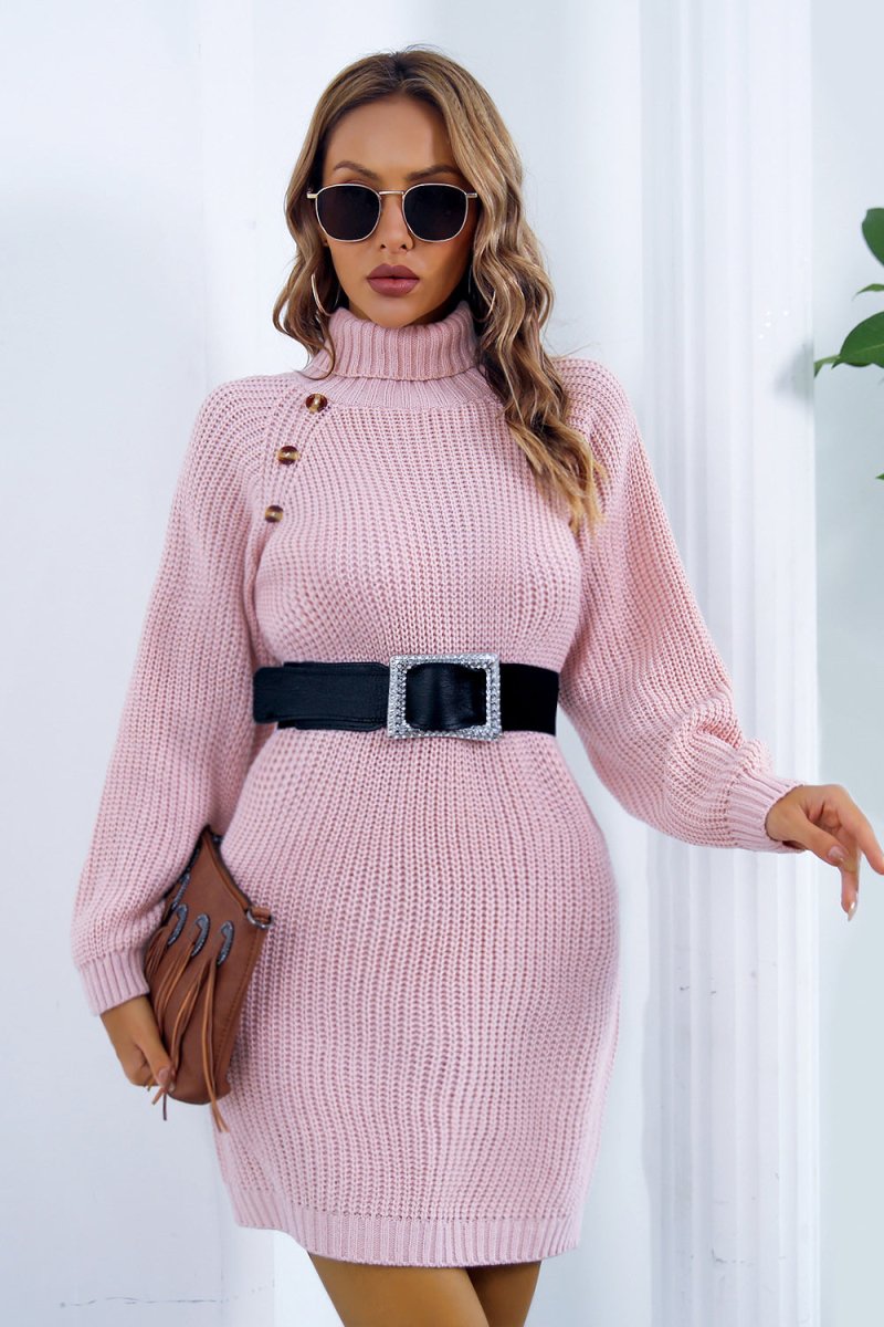 Buttoned Turtleneck Long Sleeve Sweater Dress - Sweater Dress