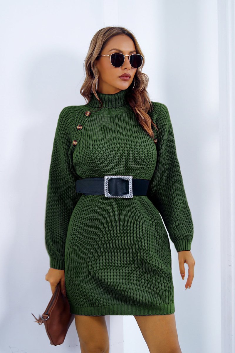 Buttoned Turtleneck Long Sleeve Sweater Dress - Sweater Dress