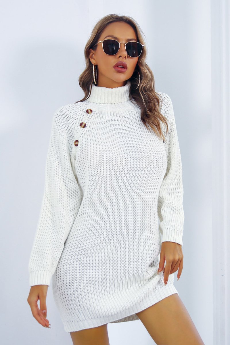Buttoned Turtleneck Long Sleeve Sweater Dress - Sweater Dress