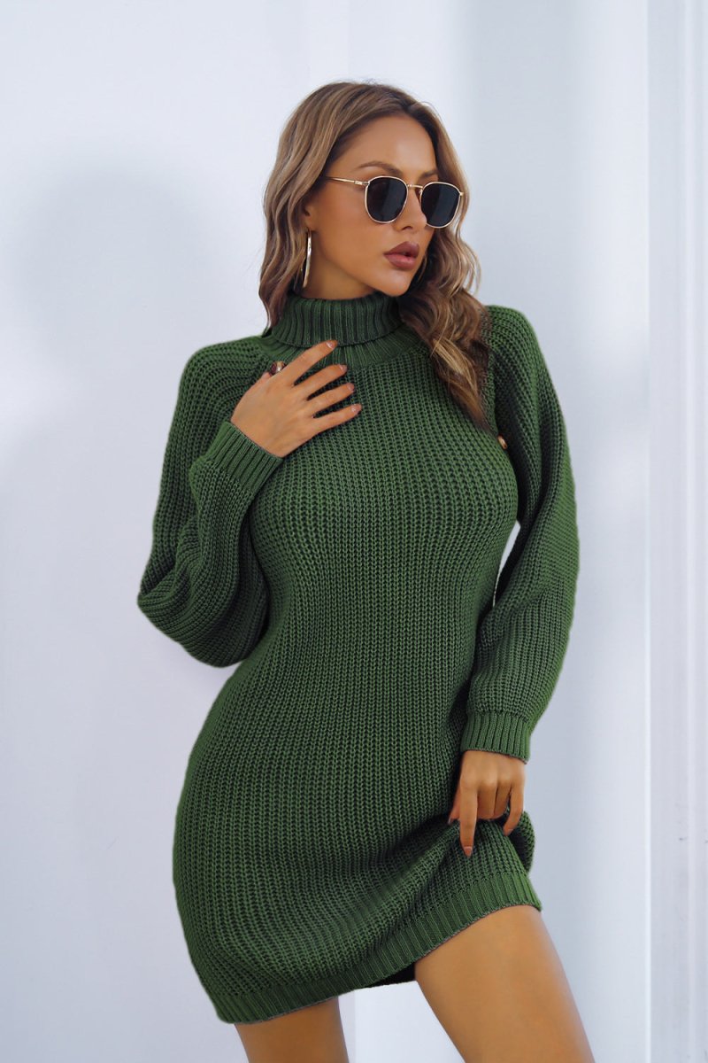 Buttoned Turtleneck Long Sleeve Sweater Dress - Sweater Dress