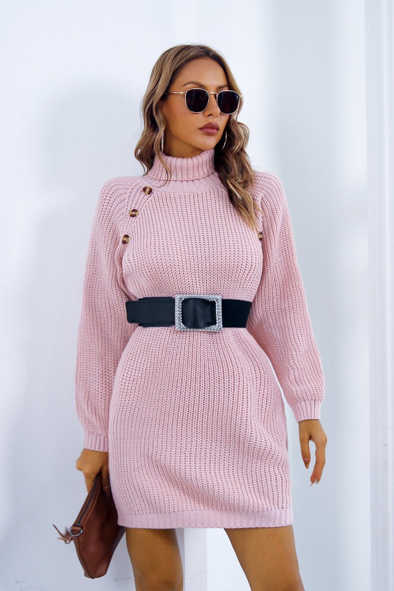 Buttoned Turtleneck Long Sleeve Sweater Dress - Sweater Dress