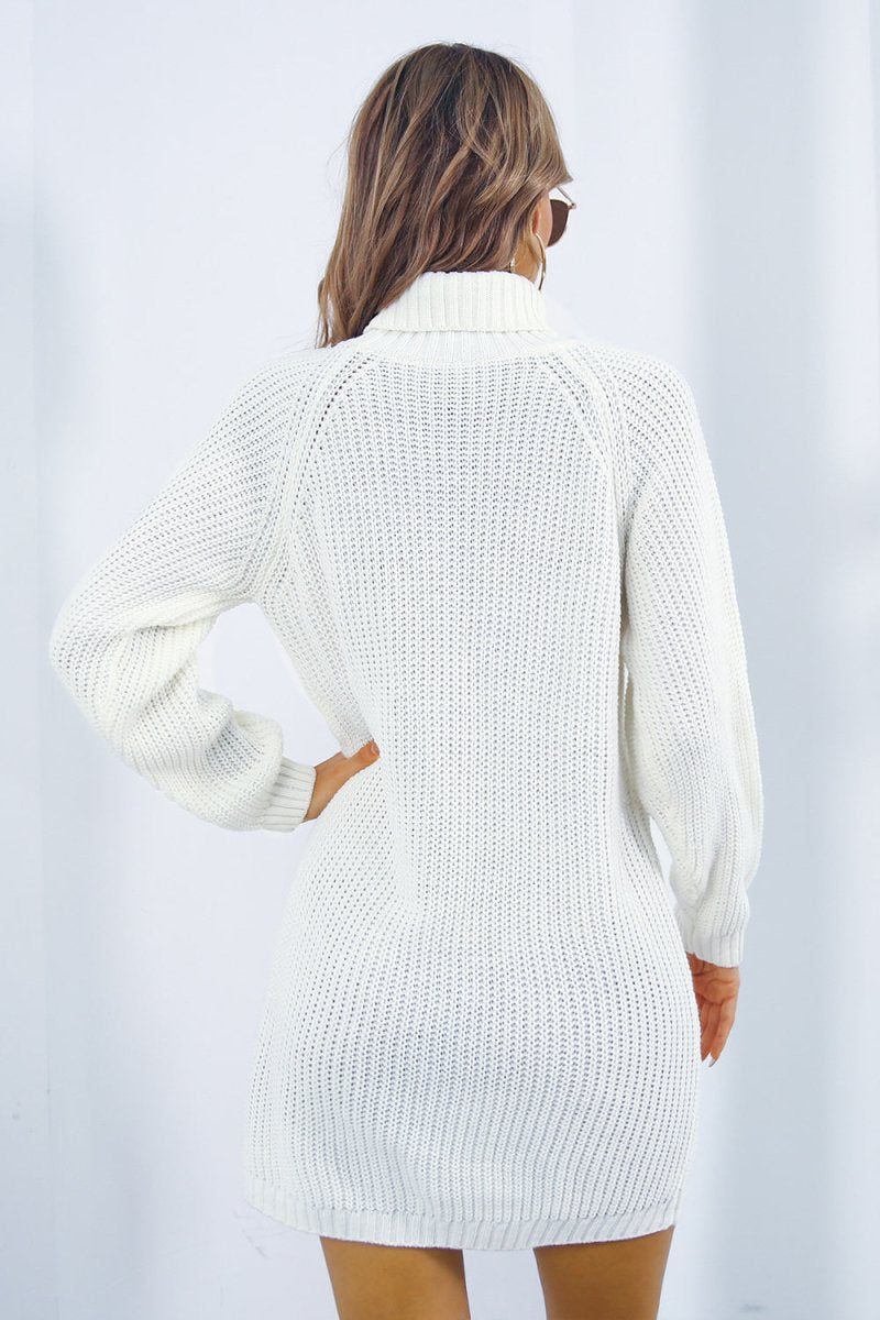Buttoned Turtleneck Long Sleeve Sweater Dress - Sweater Dress