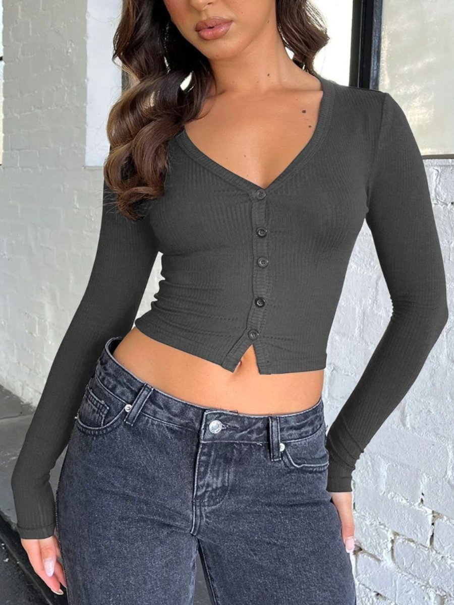 Buttoned V - Neck Long Sleeve T-Shirt - Top