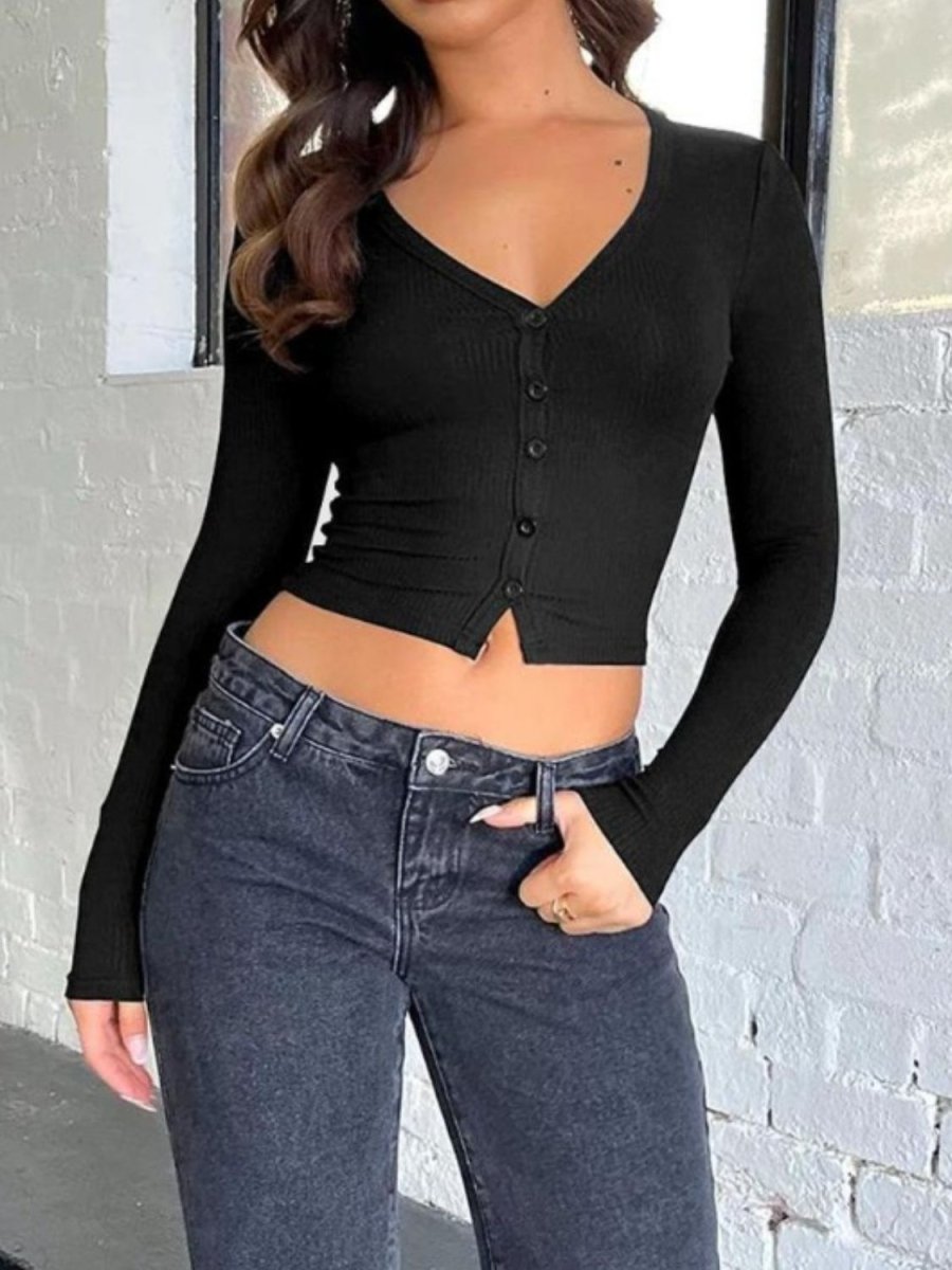 Buttoned V - Neck Long Sleeve T-Shirt - Top