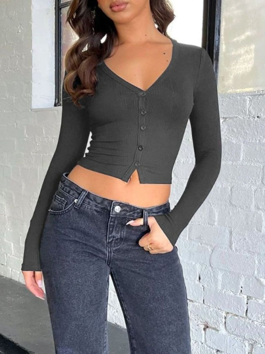 Buttoned V - Neck Long Sleeve T-Shirt - Top