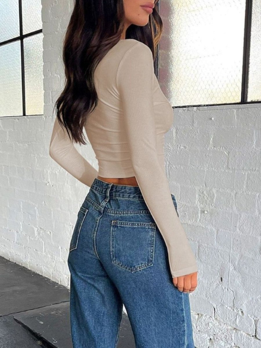 Buttoned V - Neck Long Sleeve T-Shirt - Top