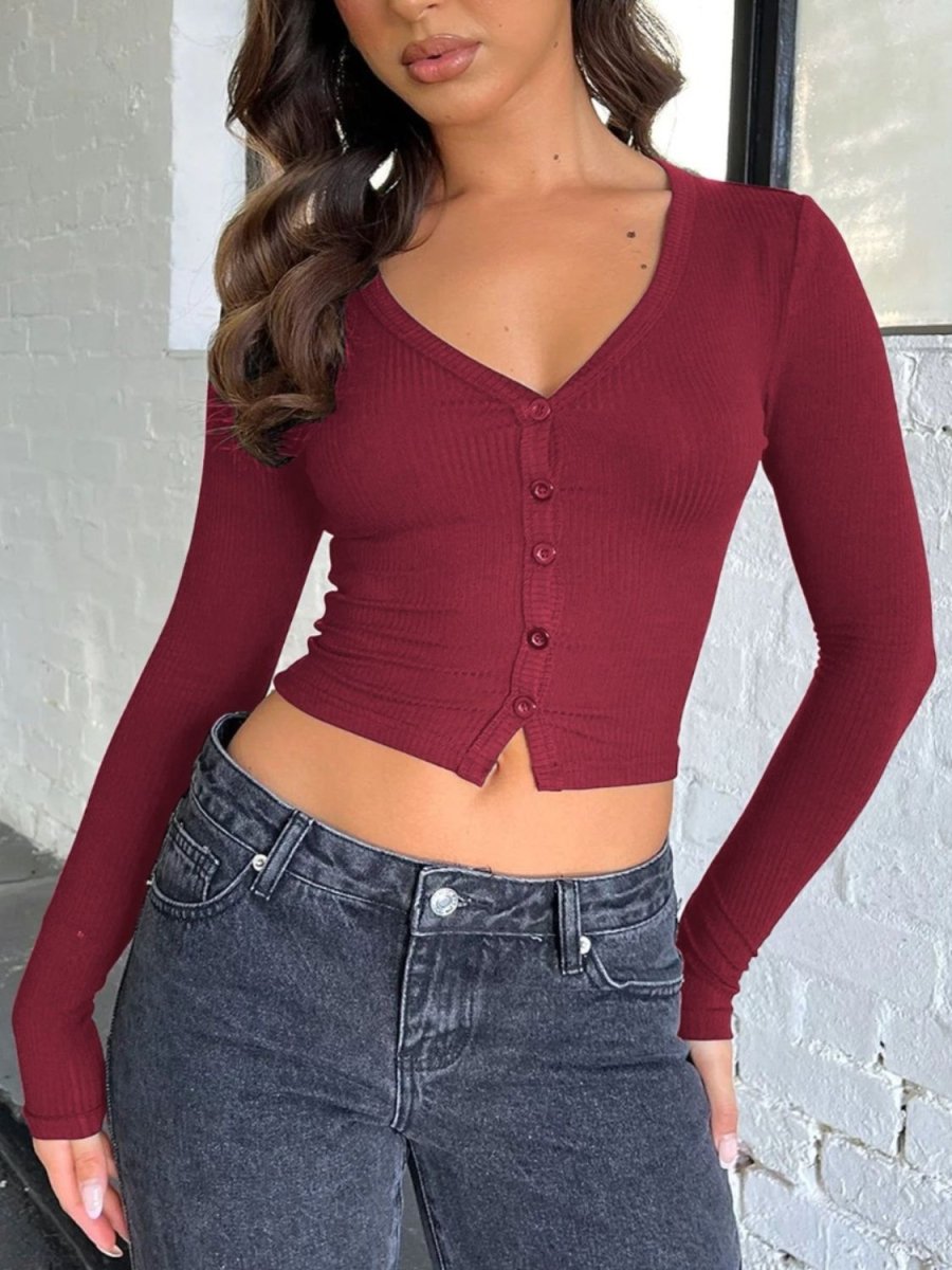 Buttoned V - Neck Long Sleeve T-Shirt - Top