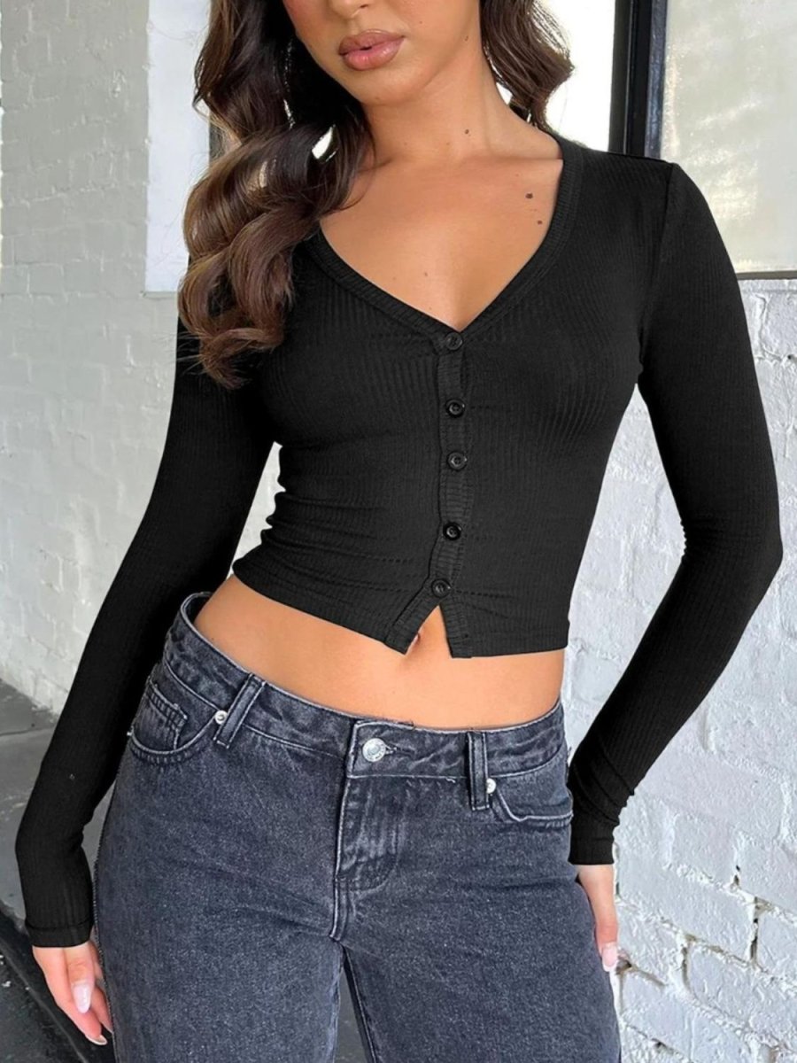 Buttoned V - Neck Long Sleeve T-Shirt - Top