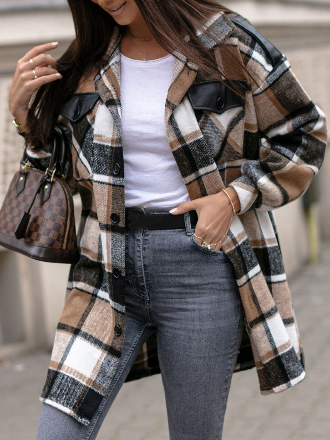 MeiMei Pocketed Plaid Button Up Dropped Shoulder Shacket