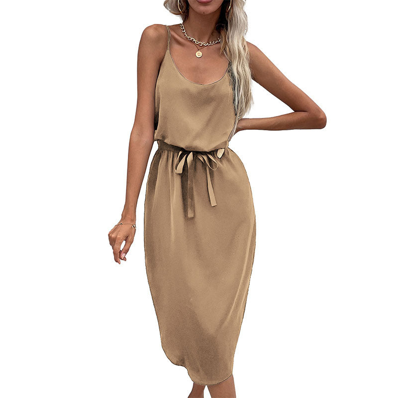 Fashion women's solid color package hip skirt split suspender dress