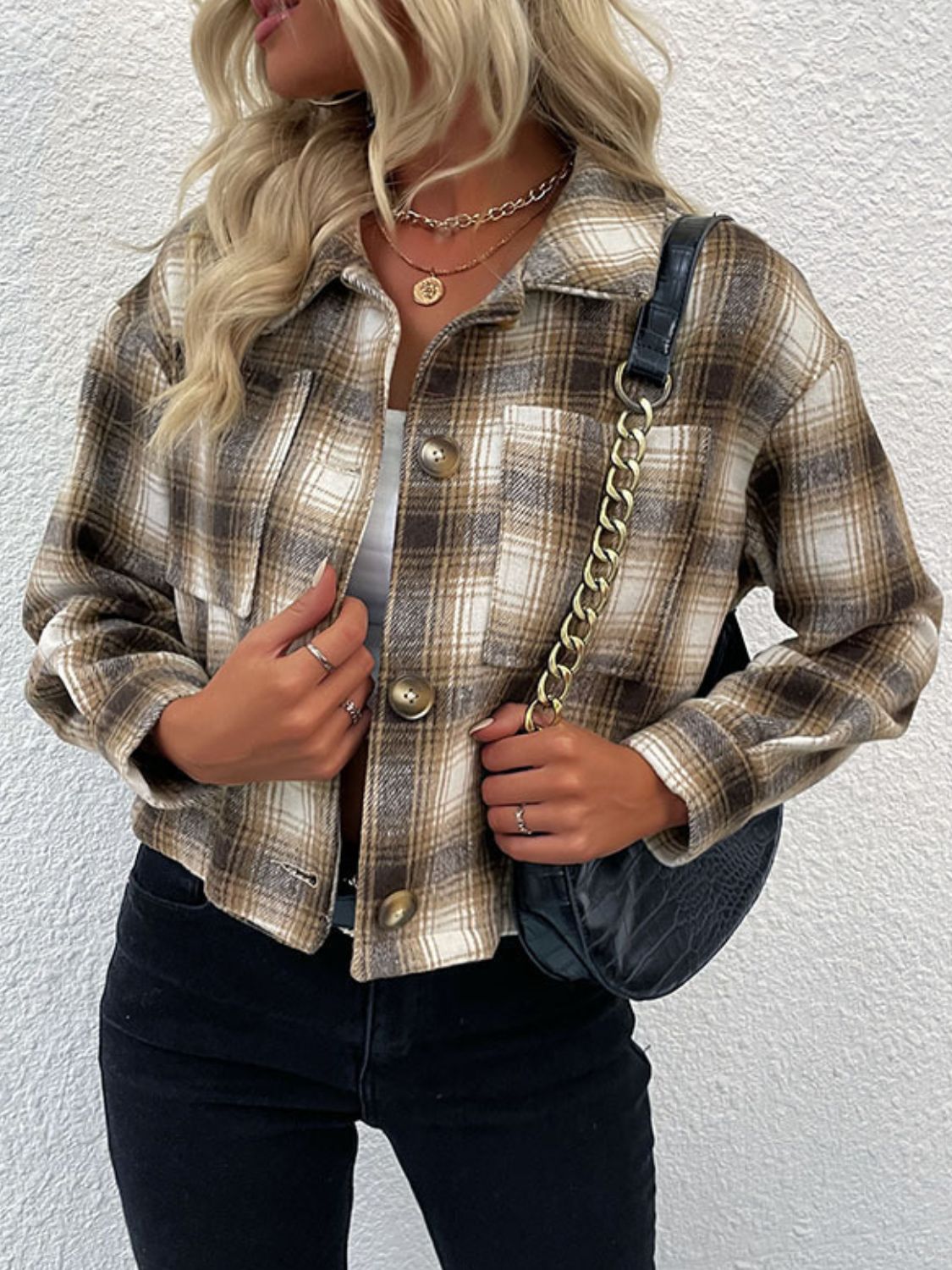 Perfee Plaid Button-Up Dropped Shoulder Shacket