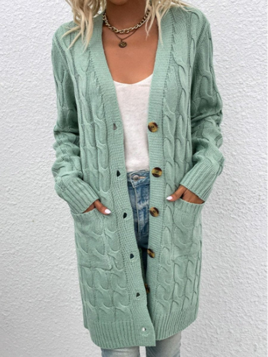 Cable - Knit Button Down Cardigan with Pockets - Outerwear