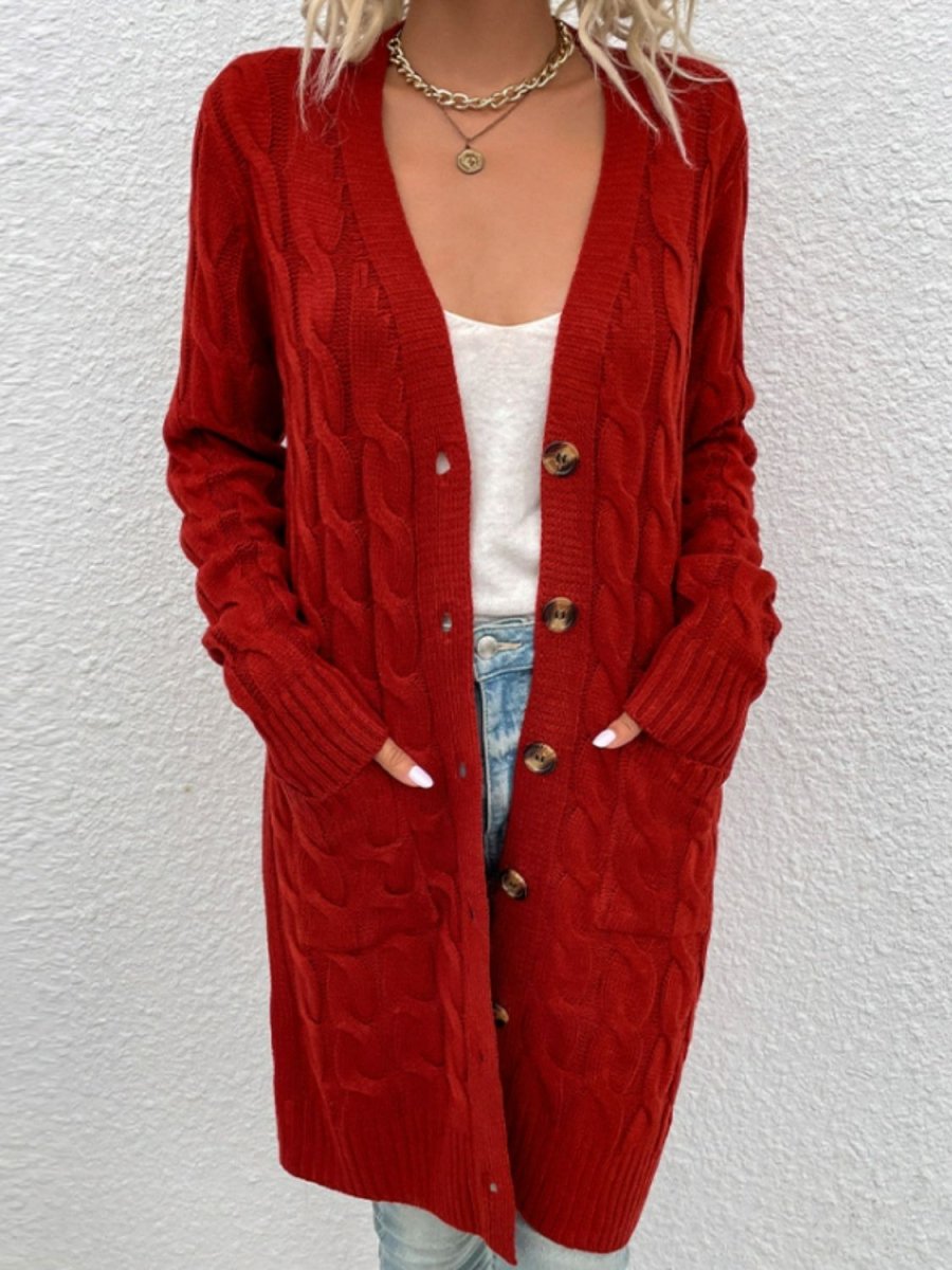 Cable - Knit Button Down Cardigan with Pockets - Outerwear
