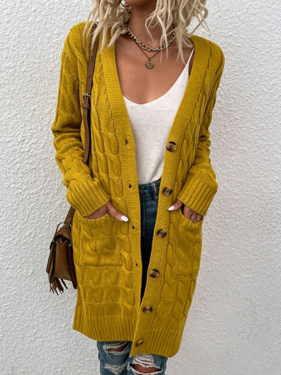 Cable - Knit Button Down Cardigan with Pockets - Outerwear