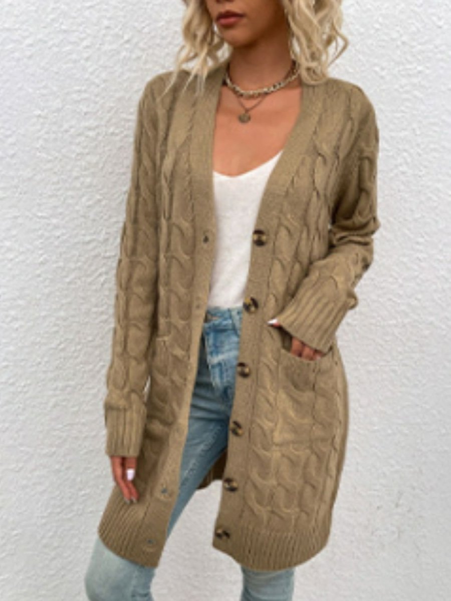 Cable - Knit Button Down Cardigan with Pockets - Outerwear