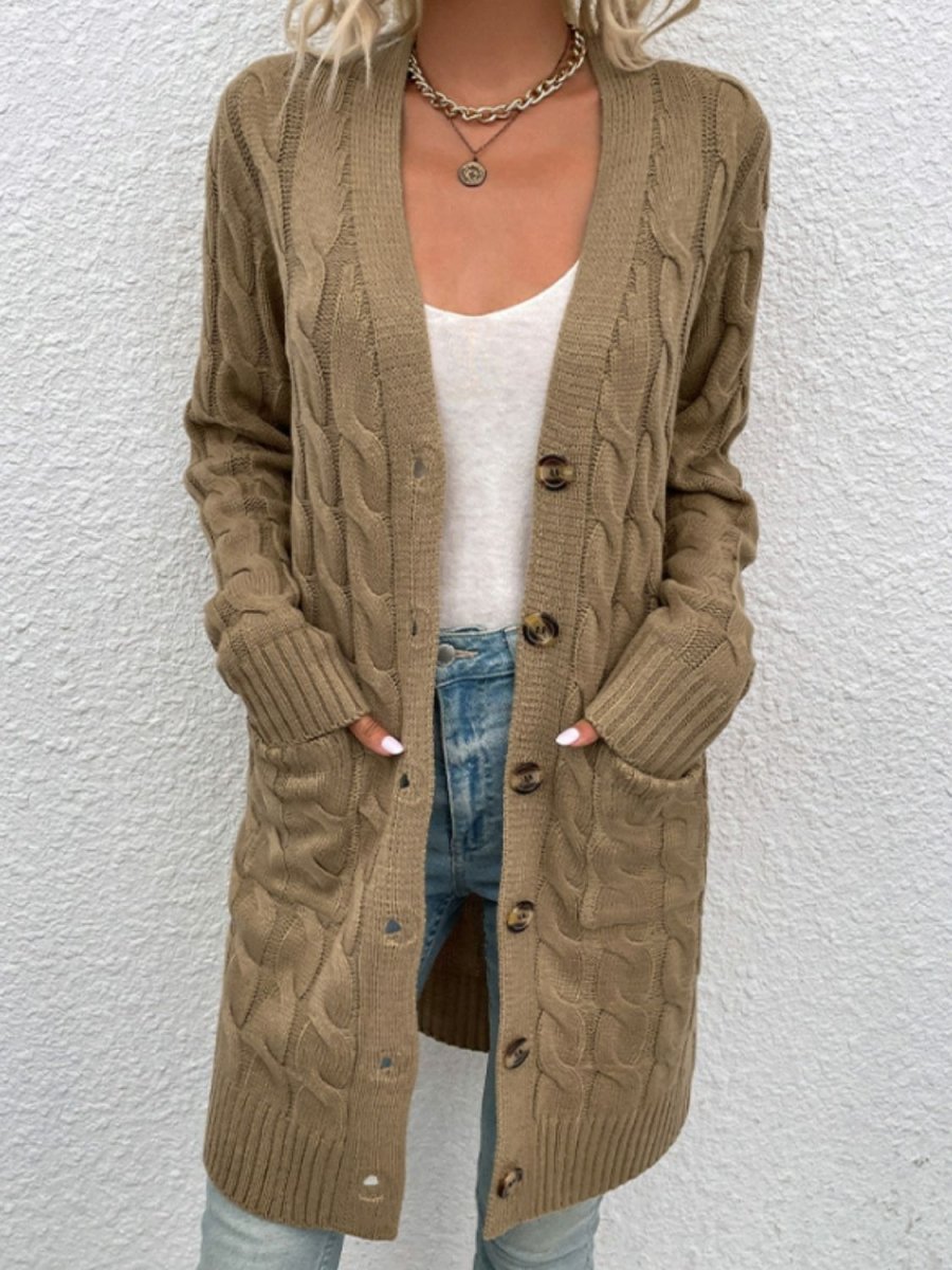 Cable - Knit Button Down Cardigan with Pockets - Outerwear