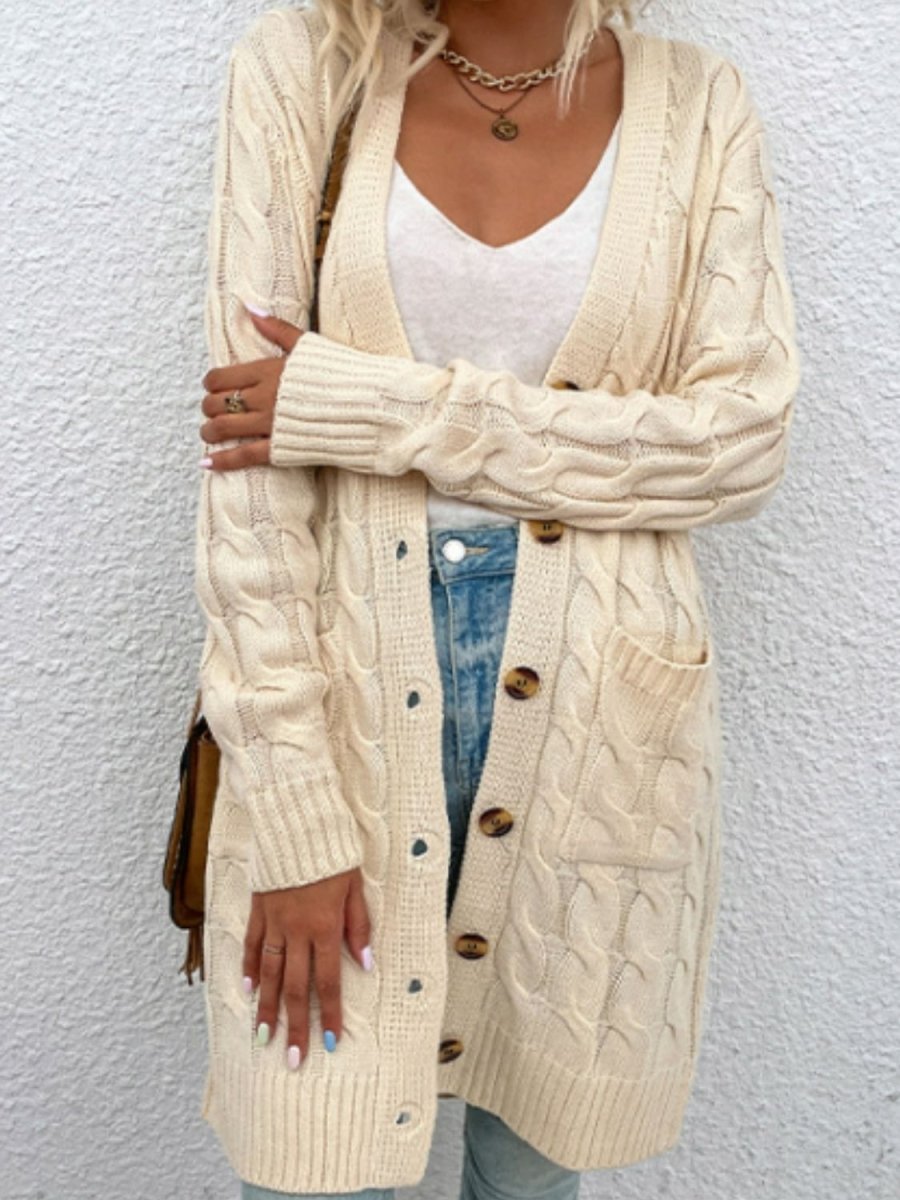 Cable - Knit Button Down Cardigan with Pockets - Outerwear