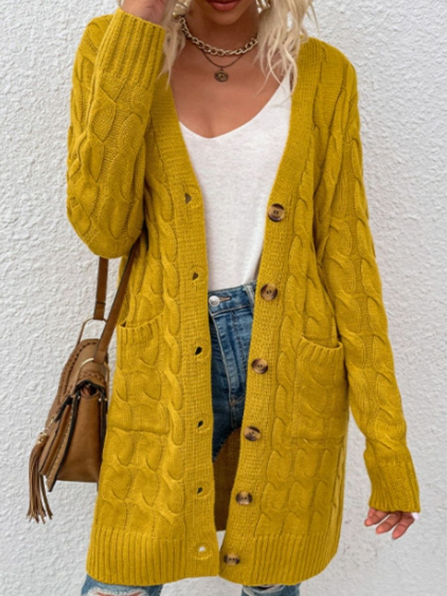 Cable - Knit Button Down Cardigan with Pockets - Outerwear