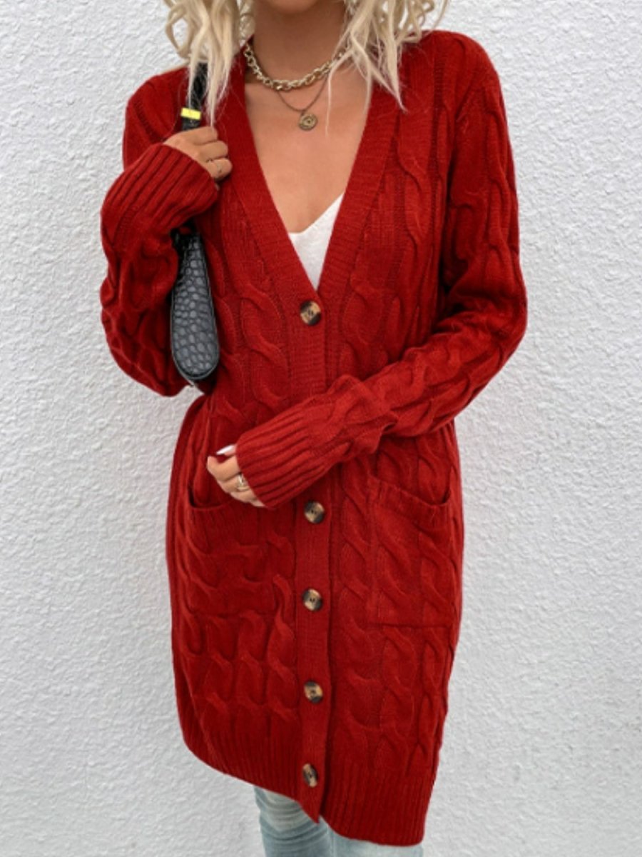Cable - Knit Button Down Cardigan with Pockets - Outerwear
