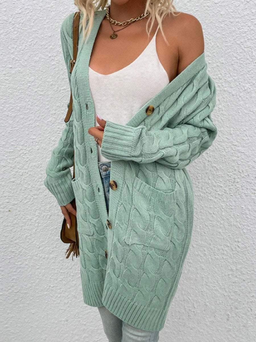Cable - Knit Button Down Cardigan with Pockets - Outerwear