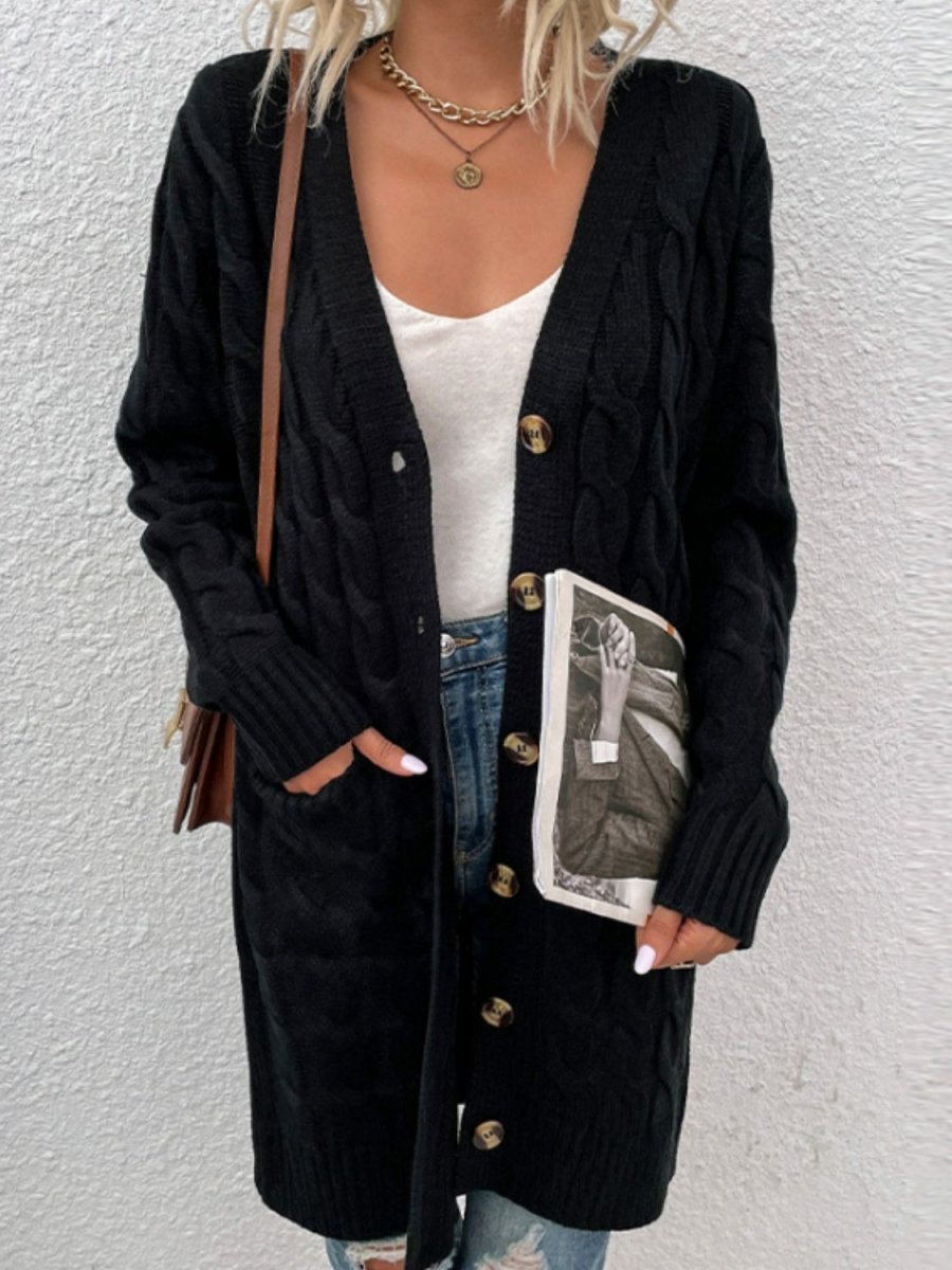 Cable - Knit Button Down Cardigan with Pockets - Outerwear