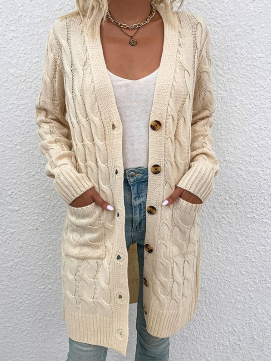 Cable - Knit Button Down Cardigan with Pockets - Outerwear