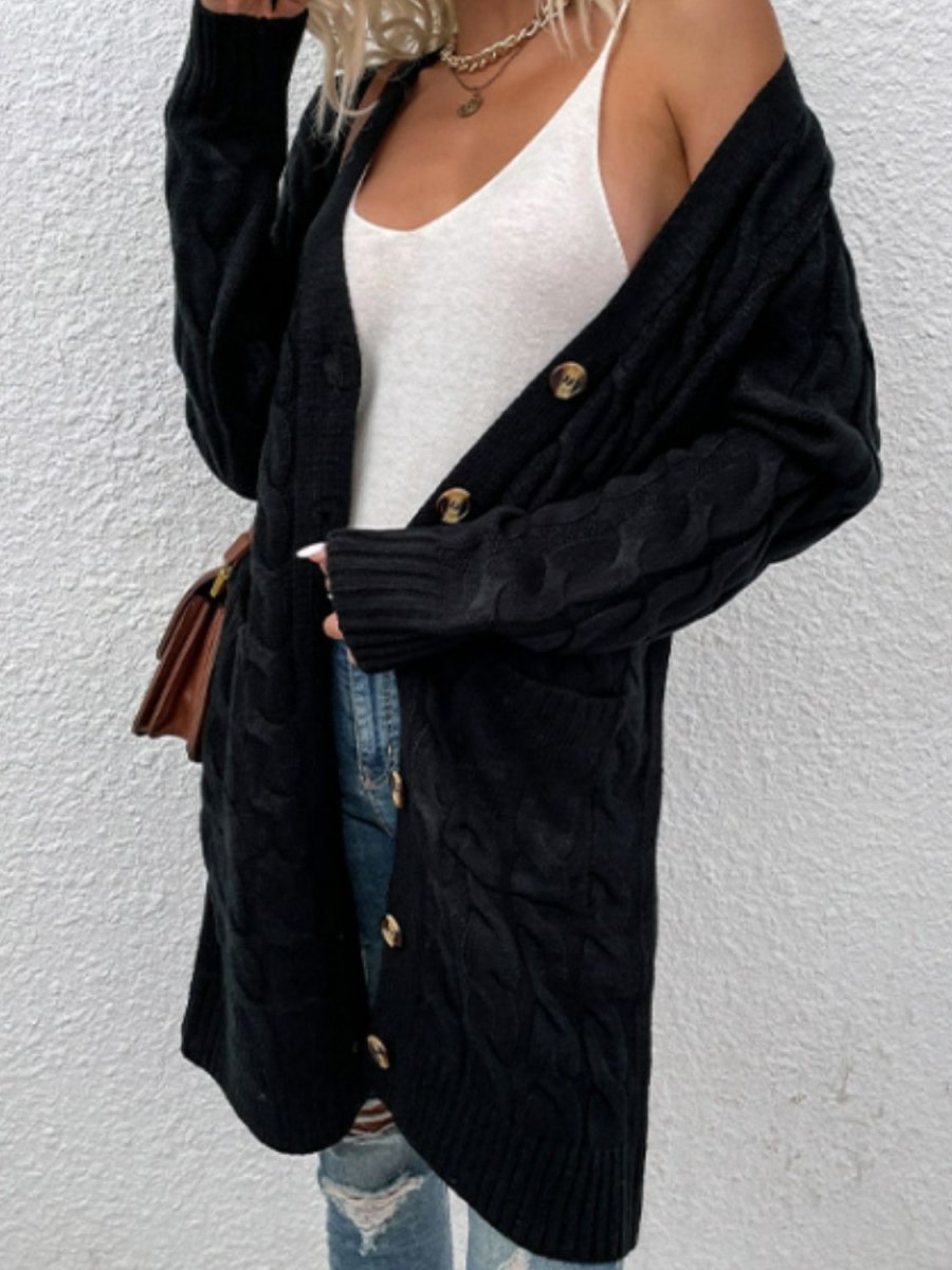 Cable - Knit Button Down Cardigan with Pockets - Outerwear