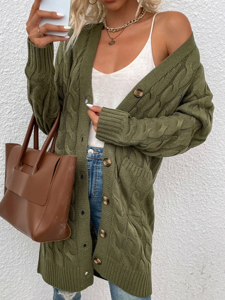 Cable - Knit Button Down Cardigan with Pockets - Outerwear
