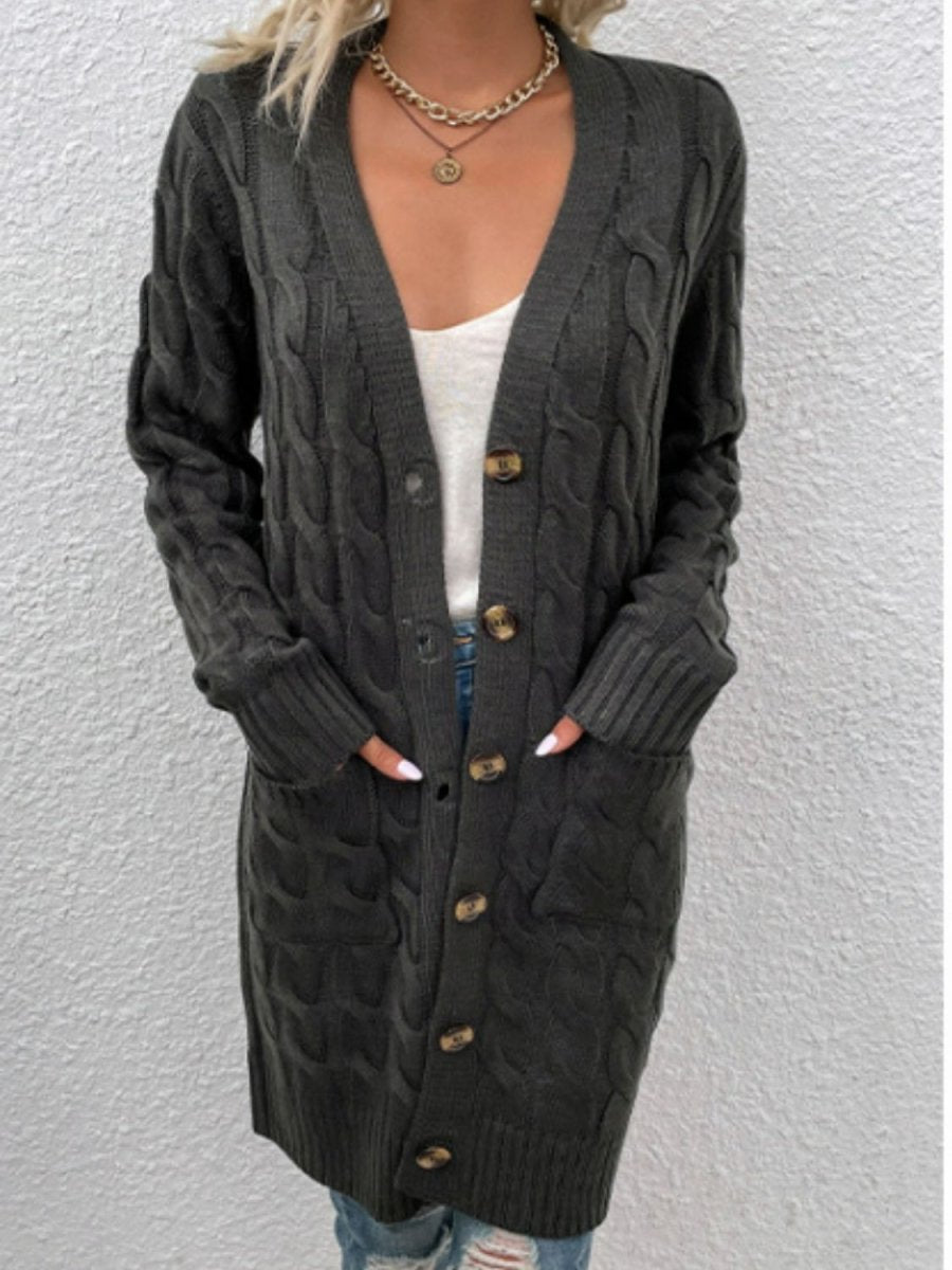 Cable - Knit Button Down Cardigan with Pockets - Outerwear