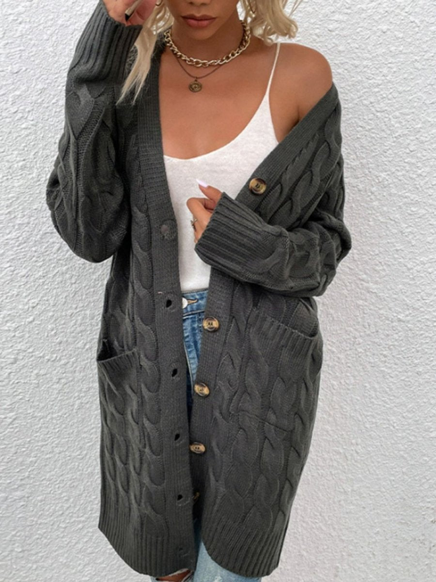 Cable - Knit Button Down Cardigan with Pockets - Outerwear