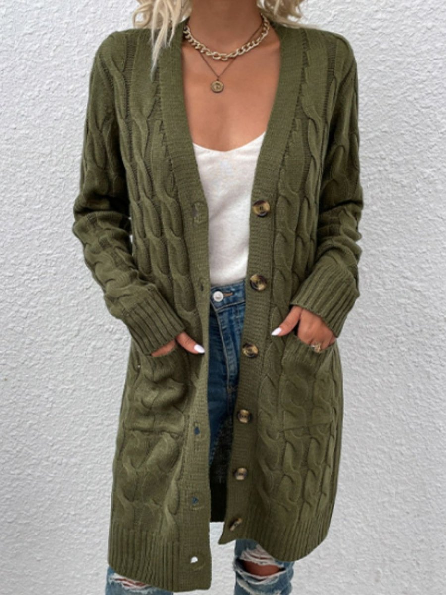 Cable - Knit Button Down Cardigan with Pockets - Outerwear