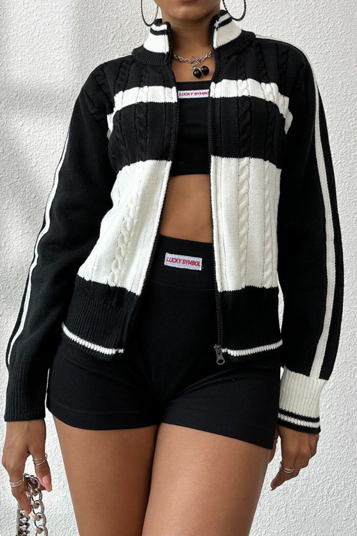 Cable - Knit Color Block Raglan Sleeve Cardigan - Outerwear