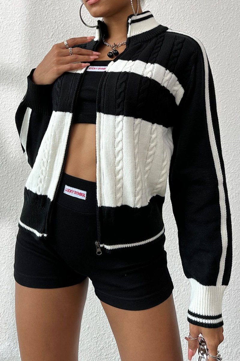Cable - Knit Color Block Raglan Sleeve Cardigan - Outerwear