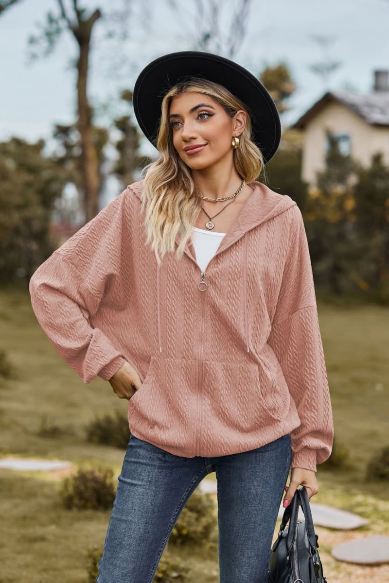 Cable - Knit Long Sleeve Hooded Jacket - Outerwear