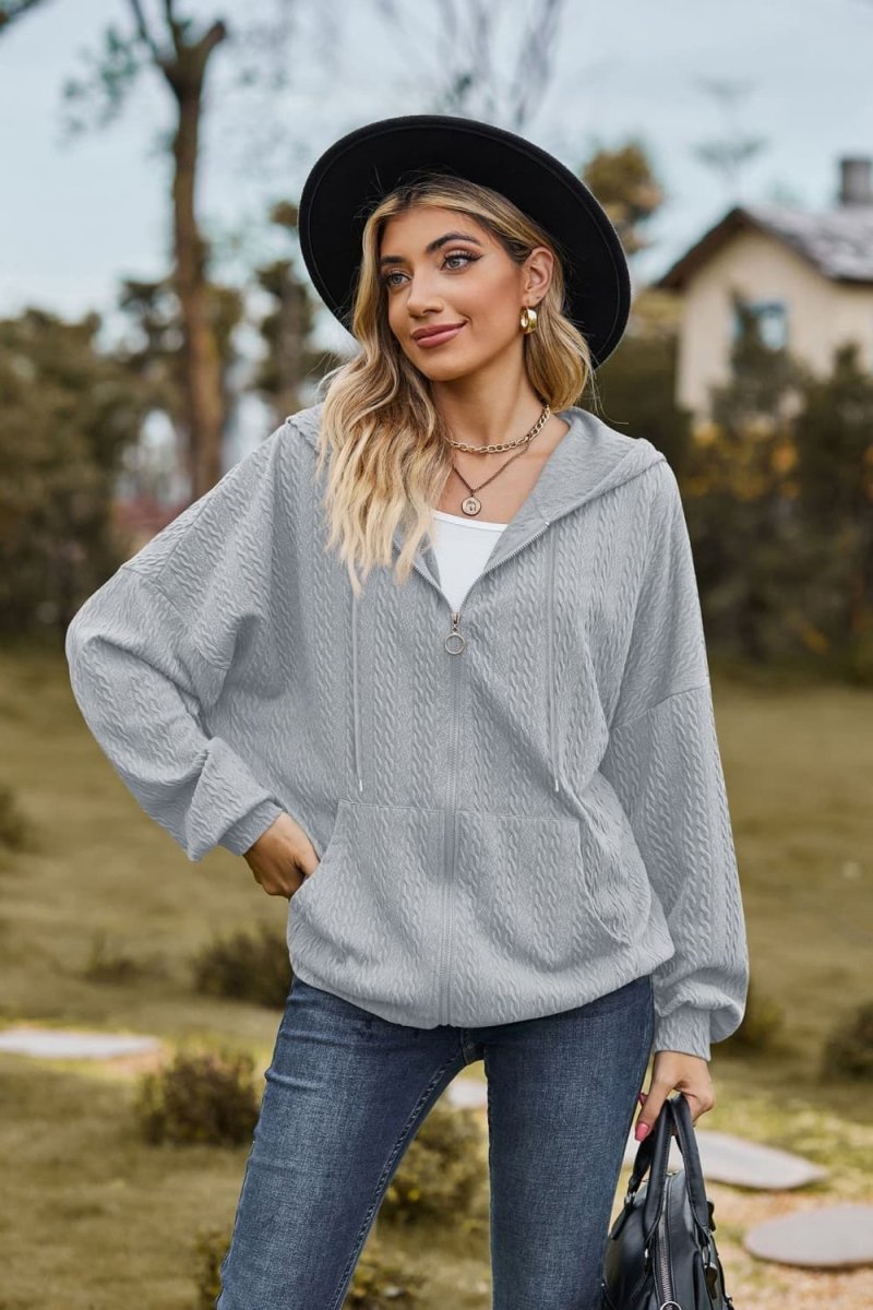 Cable - Knit Long Sleeve Hooded Jacket - Outerwear