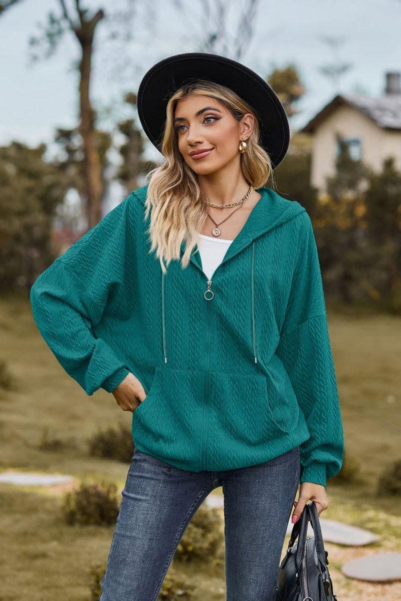 Cable - Knit Long Sleeve Hooded Jacket - Outerwear