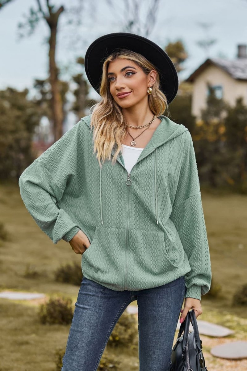 Cable - Knit Long Sleeve Hooded Jacket - Outerwear
