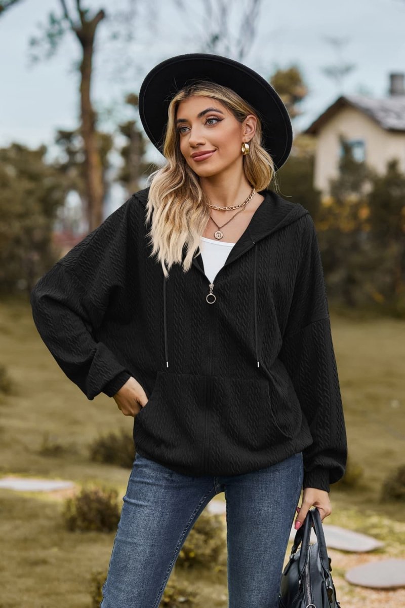 Cable - Knit Long Sleeve Hooded Jacket - Outerwear
