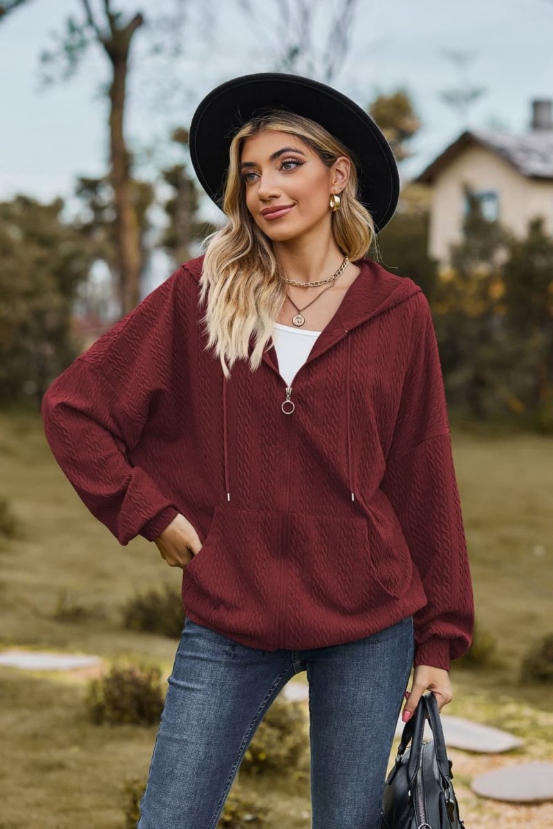 Cable - Knit Long Sleeve Hooded Jacket - Outerwear