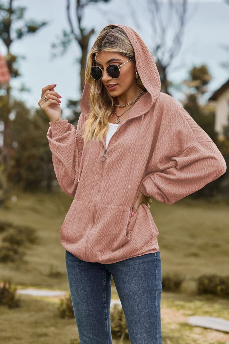 Cable - Knit Long Sleeve Hooded Jacket - Outerwear