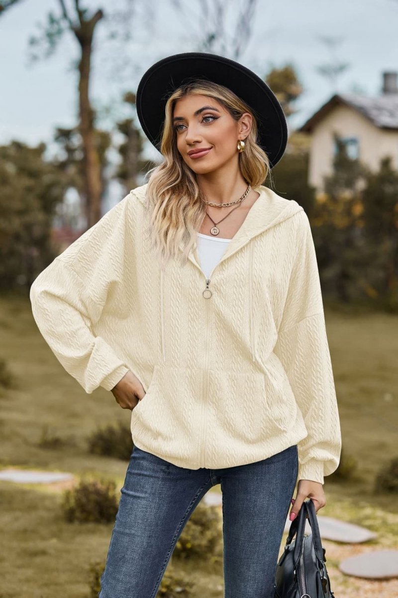 Cable - Knit Long Sleeve Hooded Jacket - Outerwear
