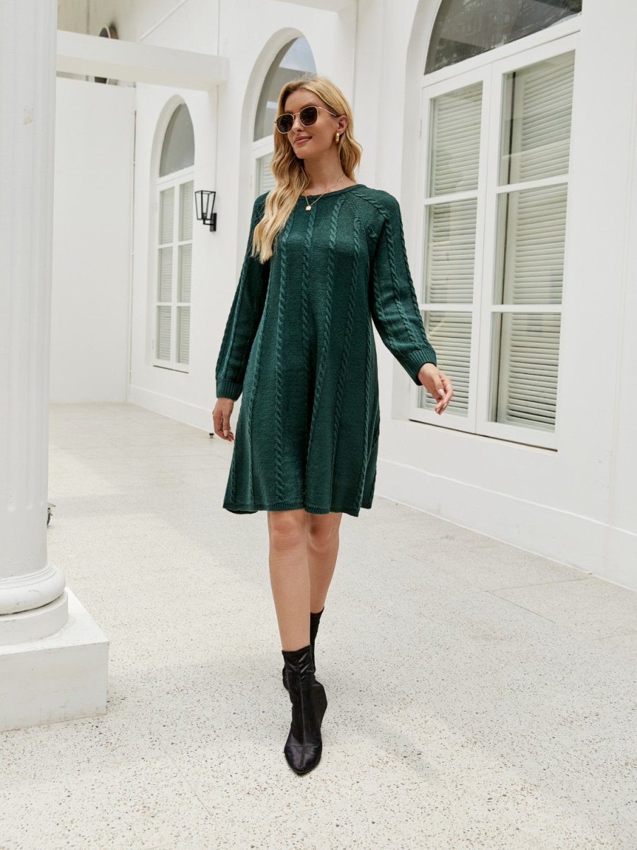 Cable - Knit Long Sleeve Sweater Dress - Sweater Dress