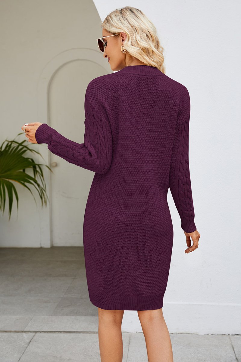 Cable - Knit Long Sleeve Sweater Dress - Sweater Dress