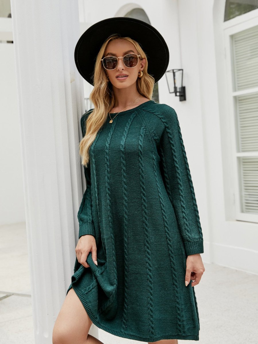 Cable - Knit Long Sleeve Sweater Dress - Sweater Dress