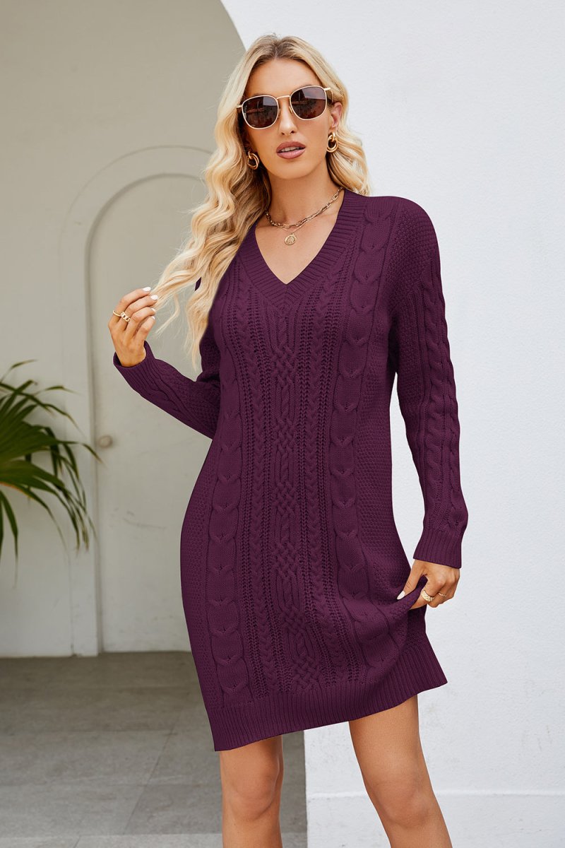 Cable - Knit Long Sleeve Sweater Dress - Sweater Dress