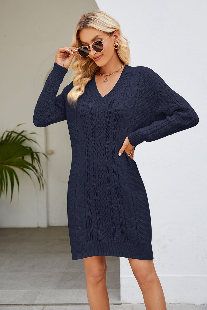 Cable - Knit Long Sleeve Sweater Dress - Sweater Dress