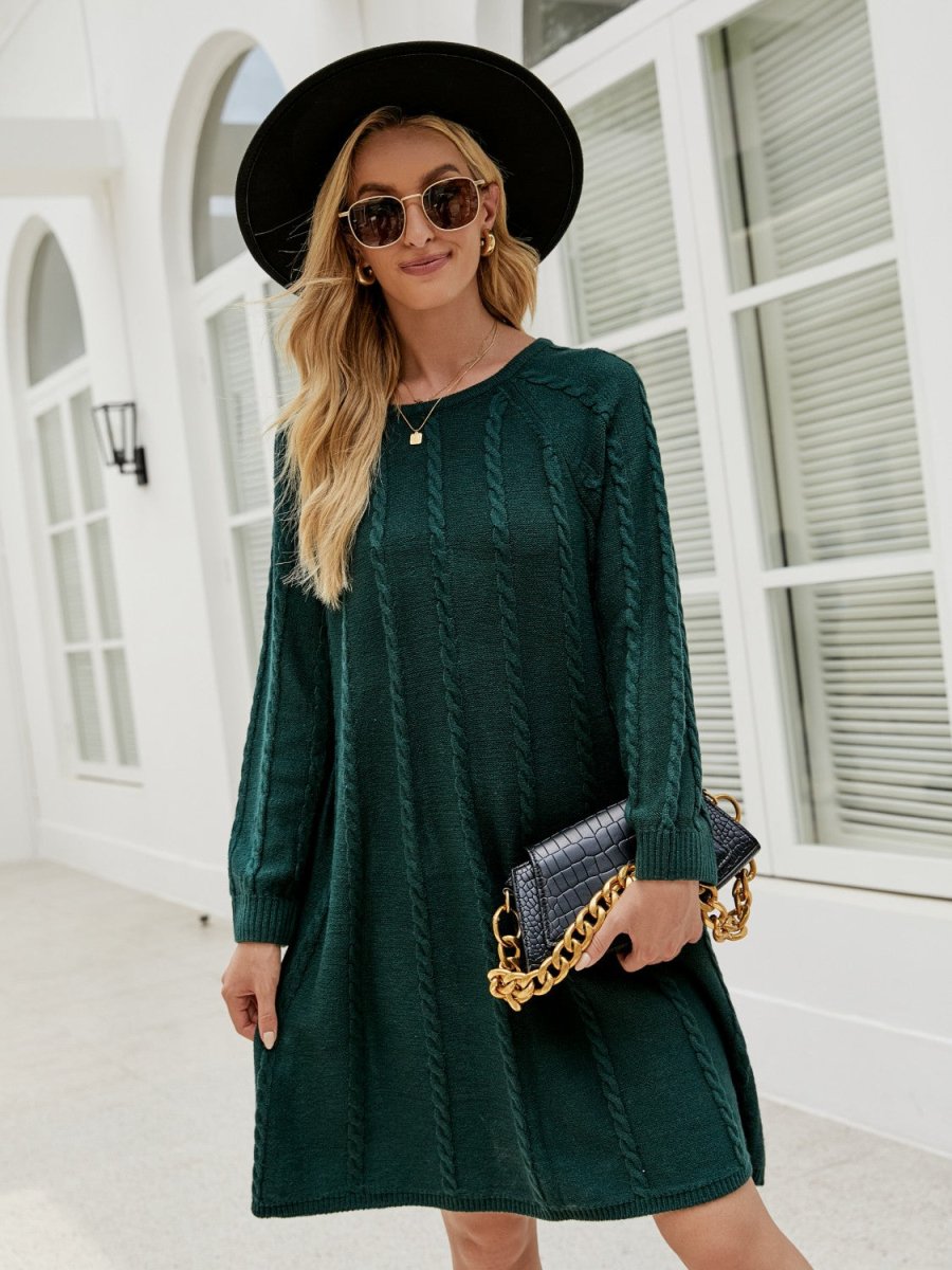 Cable - Knit Long Sleeve Sweater Dress - Sweater Dress